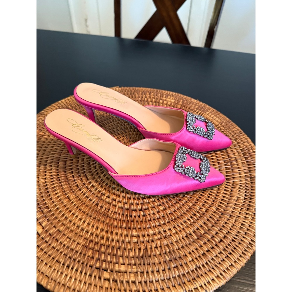 Comfity Pink Satin Mules Pointed Toe Crystal Buckle Kitten Heel Pumps Size 8